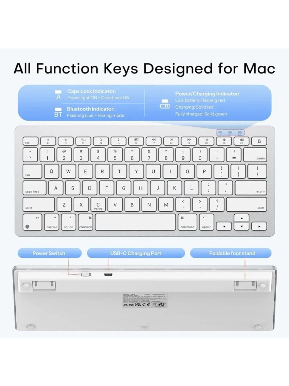 Wireless Bluetooth Keyboard for Mac, USB-C Rechargeable, Slim Design, Portable